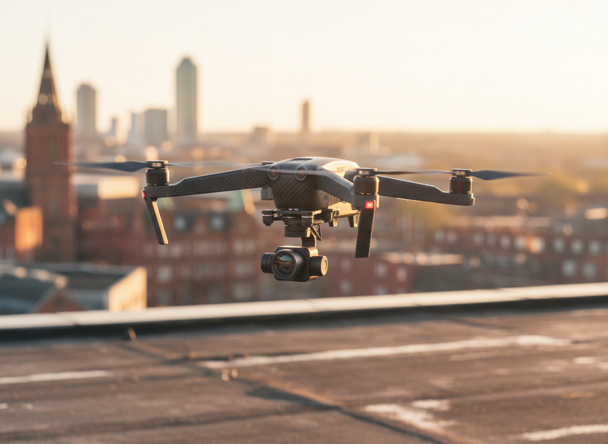 A sleek, carbon-fibre drone hovering just above an empty urban rooftop in Nottingham at golden hour, its propellers a subtle blur while the body remains tack sharp. The city skyline and a glimpse of historic brick architecture fall softly out of focus in the distance. Warm, low-angle sunlight wraps around the drone, creating a crisp rim light along its arms and subtle reflections on its camera gimbal. The mood is dynamic yet controlled, emphasising precision aerial cinematography. Shot from a slightly low angle with a medium focal length, the composition places the drone on the upper third, with a realistic, cinematic photographic style that suggests ambitious yet responsible drone operations.