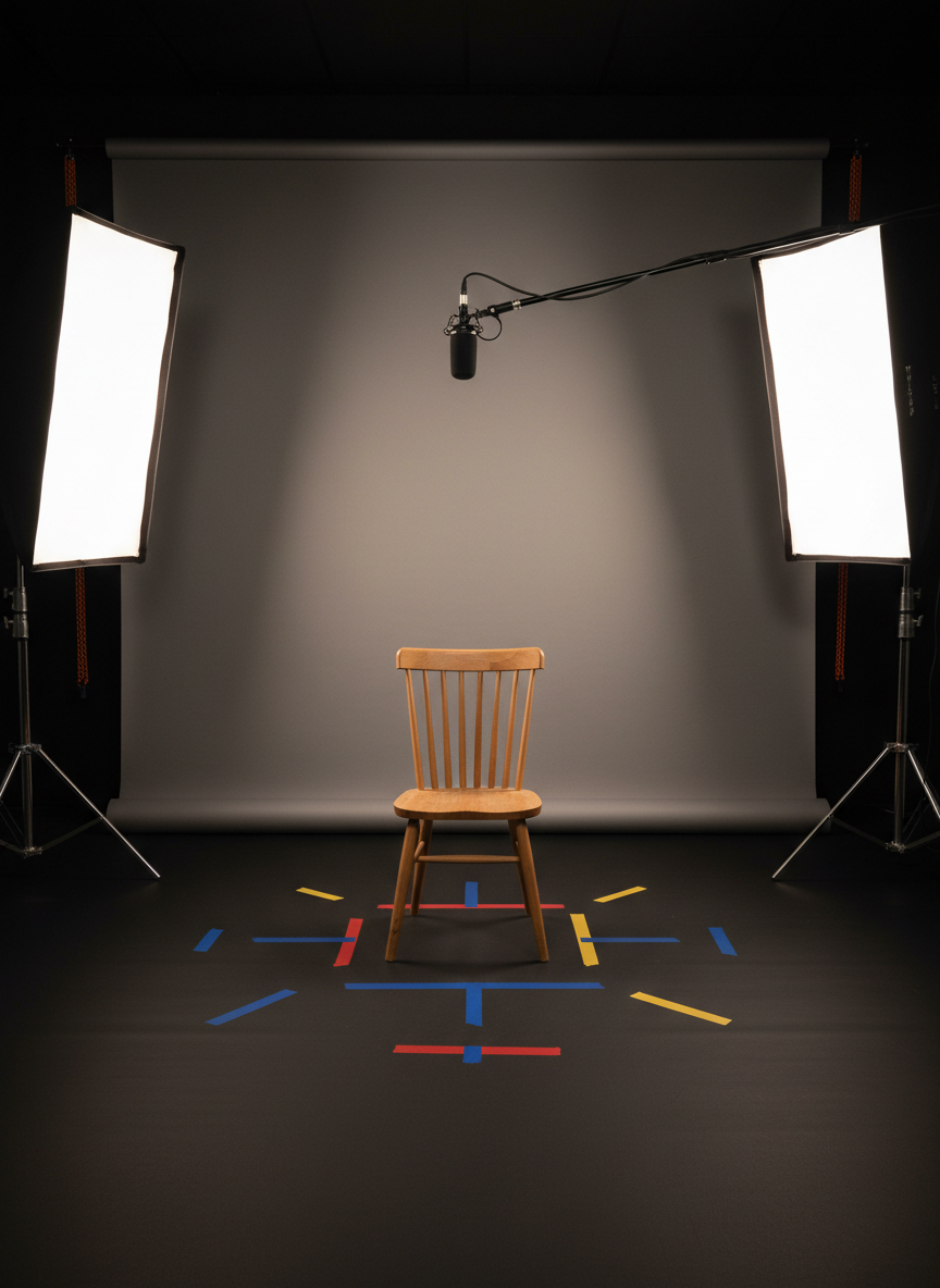 A cosy corner of a small black-box studio set up for young performers’ showreel shoots, but currently empty: a simple wooden chair stands on a matte black floor against a neutral grey seamless backdrop, with coloured tape marks on the ground. Two softbox lights on sturdy C-stands flank the space, their diffusion panels glowing softly. A boom microphone on a stand is positioned carefully overhead, hinting at professional audio capture. The lighting is soft and flattering, with no harsh shadows, creating a safe, inviting atmosphere. Captured at eye level with a slightly wide lens, the composition centres the chair while the gear frames it, in clean, realistic photographic style highlighting thoughtful, ethical production design.