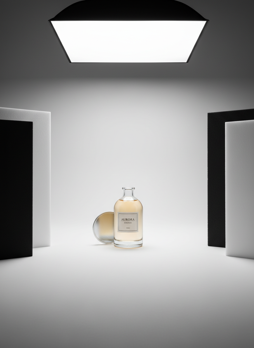 An elegant tabletop product photography setup featuring a single, beautifully crafted glass bottle with a minimalist label, placed on a seamless matte white surface. Around it, carefully positioned black and white foam boards, a small reflector, and a single overhead softbox reveal the precision of the lighting design. Controlled soft light wraps around the bottle, creating clean highlights and a subtle gradient shadow that adds depth without distraction. The mood is refined, meticulous, and commercially polished. Captured from a low, front-facing angle with a medium focal length, the composition is centred and uncluttered, in highly realistic photographic style suitable for showcasing branded visuals created by a professional media company.