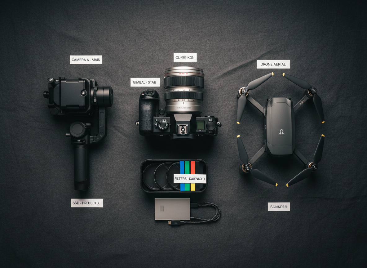 A carefully arranged flatlay of professional photography and videography gear on a textured charcoal backdrop: a full-frame camera with a cine lens, a compact gimbal, a folded drone, a set of ND filters in a neat case, and a slim SSD drive connected by a braided cable. Small white labels and colour-coded tabs on each item hint at organised, ethical production workflows. Overhead softbox lighting creates smooth, even highlights and barely-there shadows, giving everything a refined, premium sheen. The composition follows a clean grid layout with ample negative space, conveying clarity and trustworthiness. Captured in sharp photographic realism from a bird’s-eye view, the mood is efficient, modern, and highly professional.